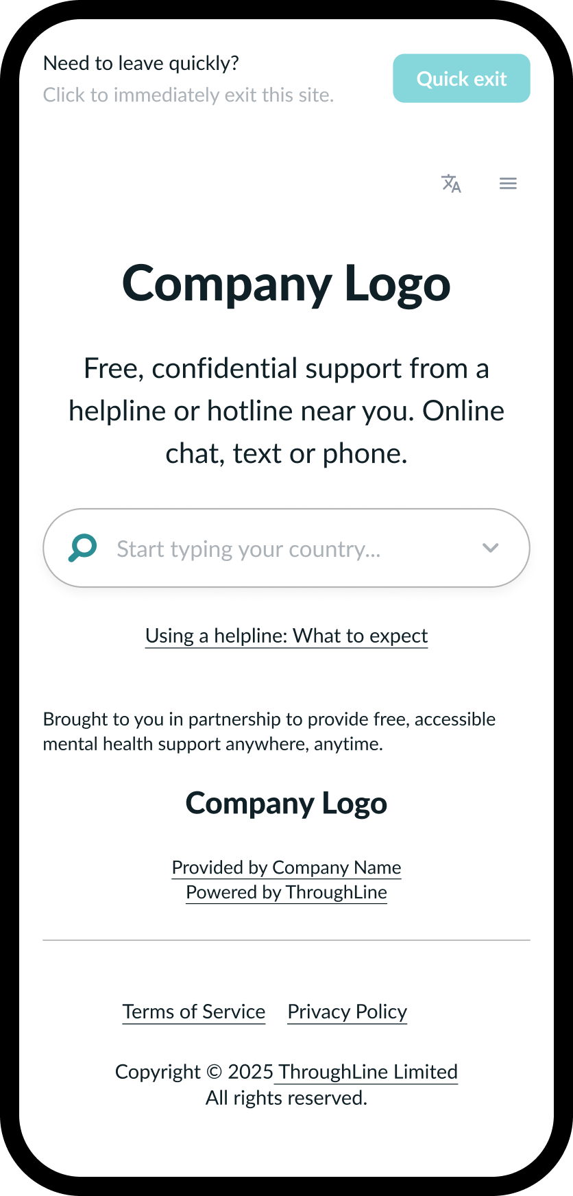 Screenshot of the findahelpline widget showing a country selector and information panel