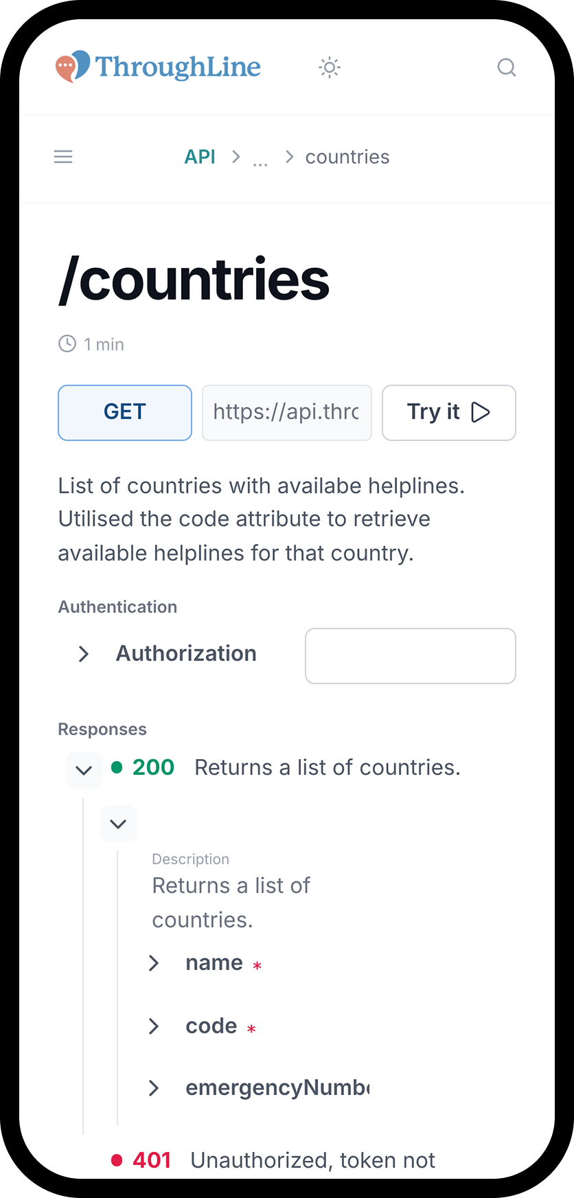 Screenshot of an example api schema for how to access ThroughLIne data
