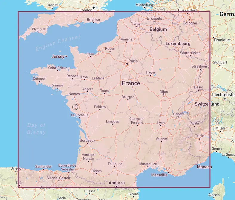 The thick line in the image shows the bounding box used to select an area surrounding and including France.