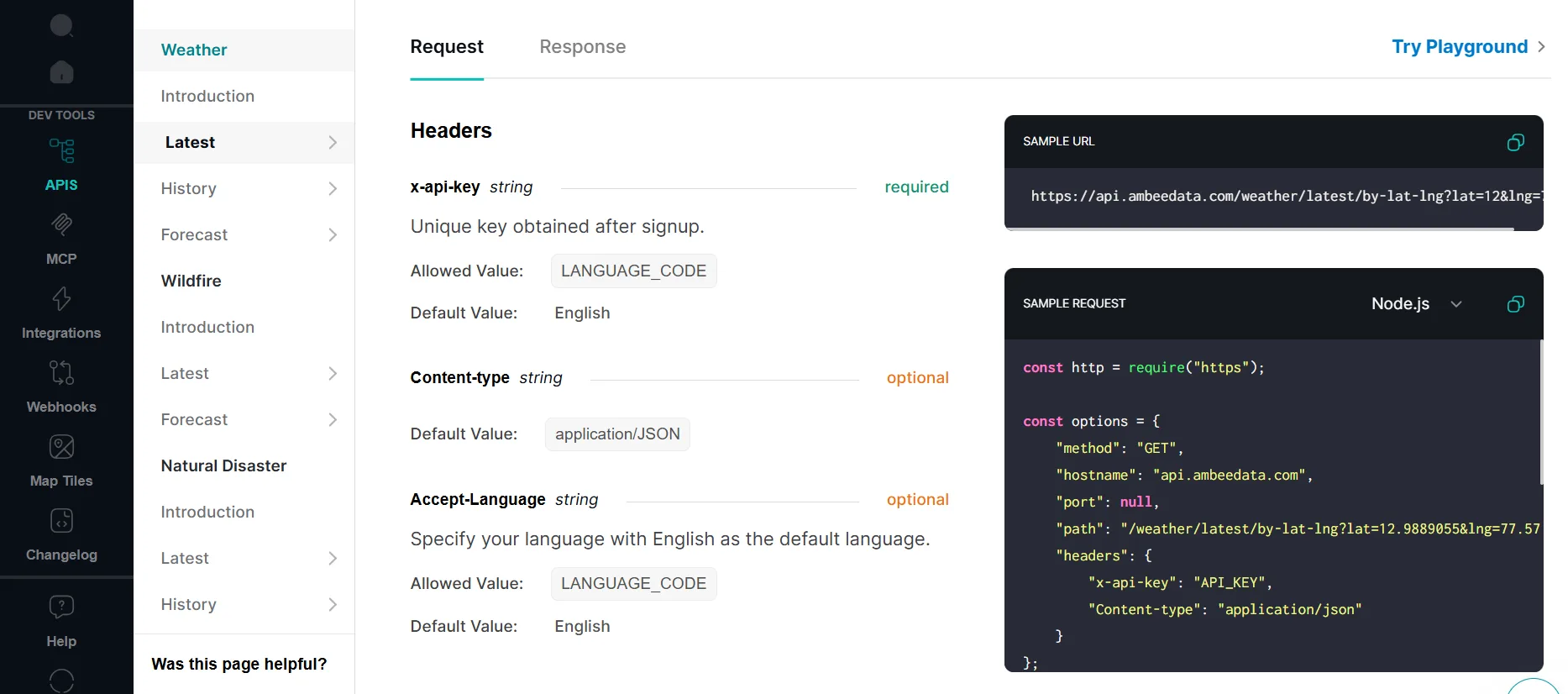 Ambee weather API documentation