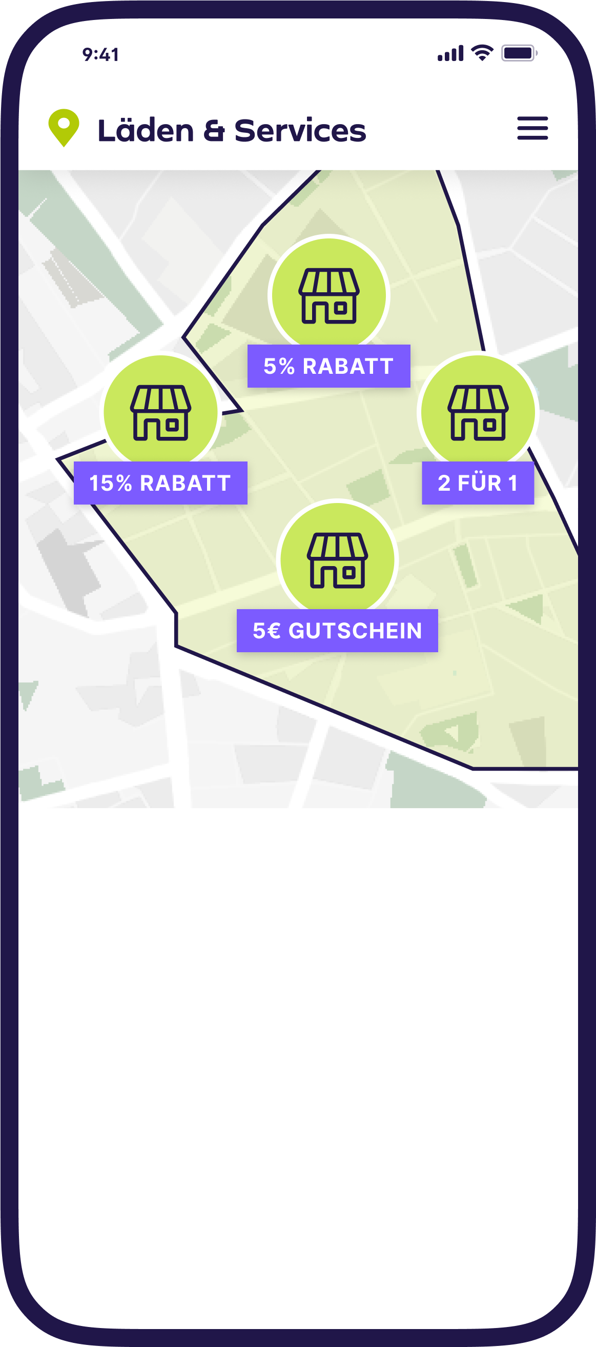 Smartphone mit einer Karte auf der mehrere Deals eingetragen sind.