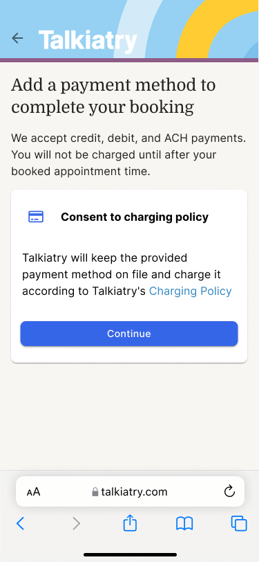 Screenshot showing how to consent to Talkiatry's charging policy