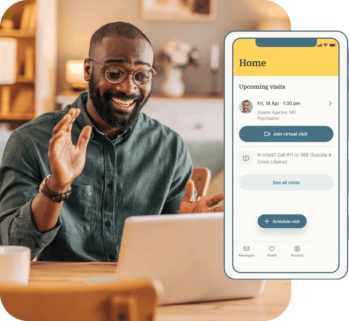 Person joining a virtual mental health visit on a laptop with a telehealth app interface displayed.