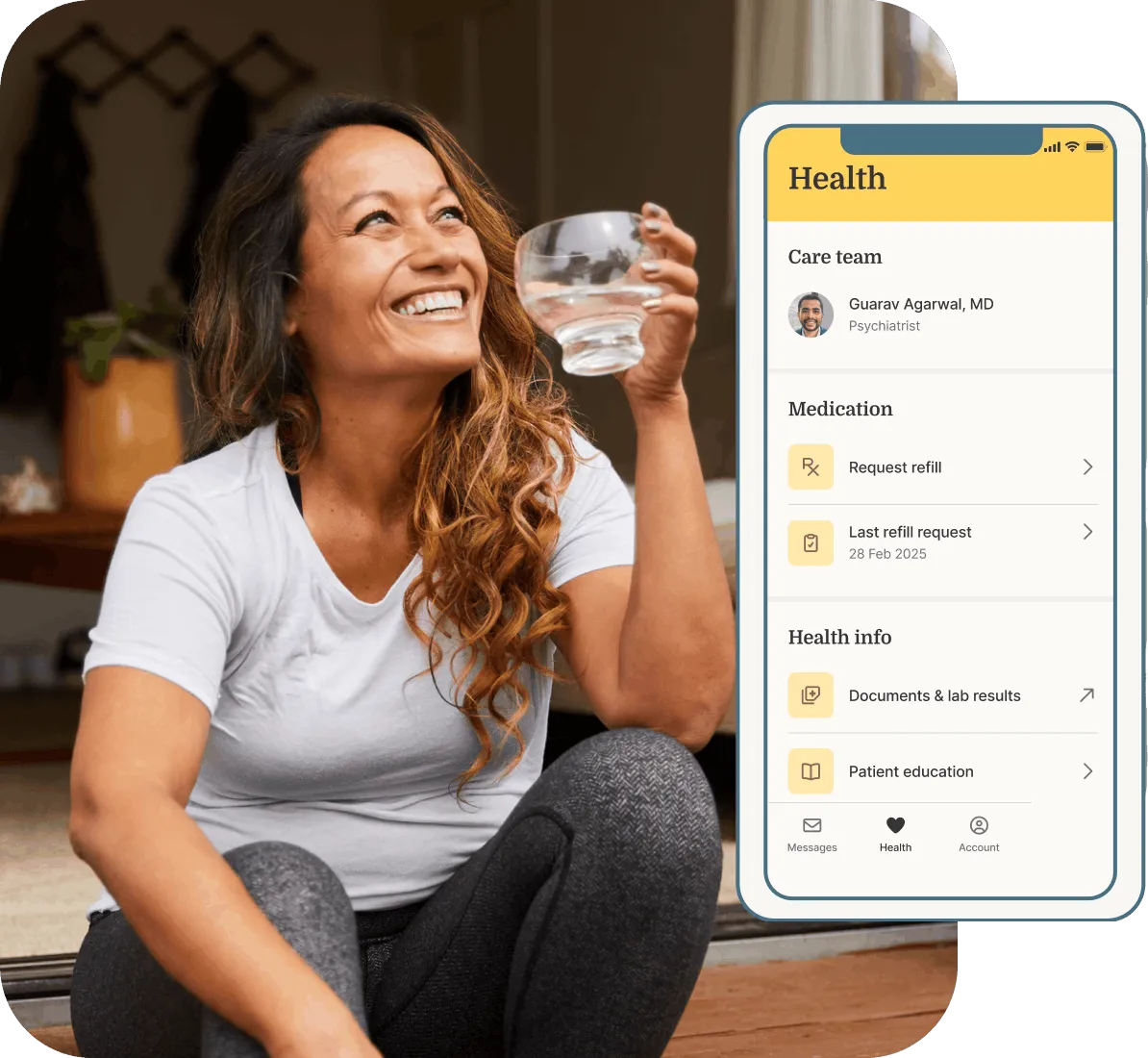 Person holding a glass of water while viewing health information in a telehealth app.