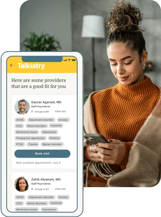 Person using a mobile phone while viewing a mental health provider matching screen in a telehealth app.