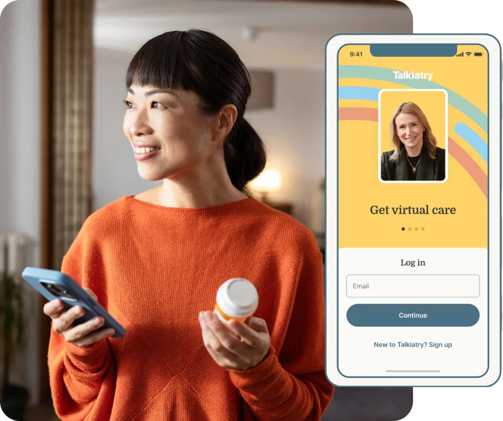 Woman holding a prescription bottle while using a smartphone, with a Talkiatry virtual care app screen shown beside her.