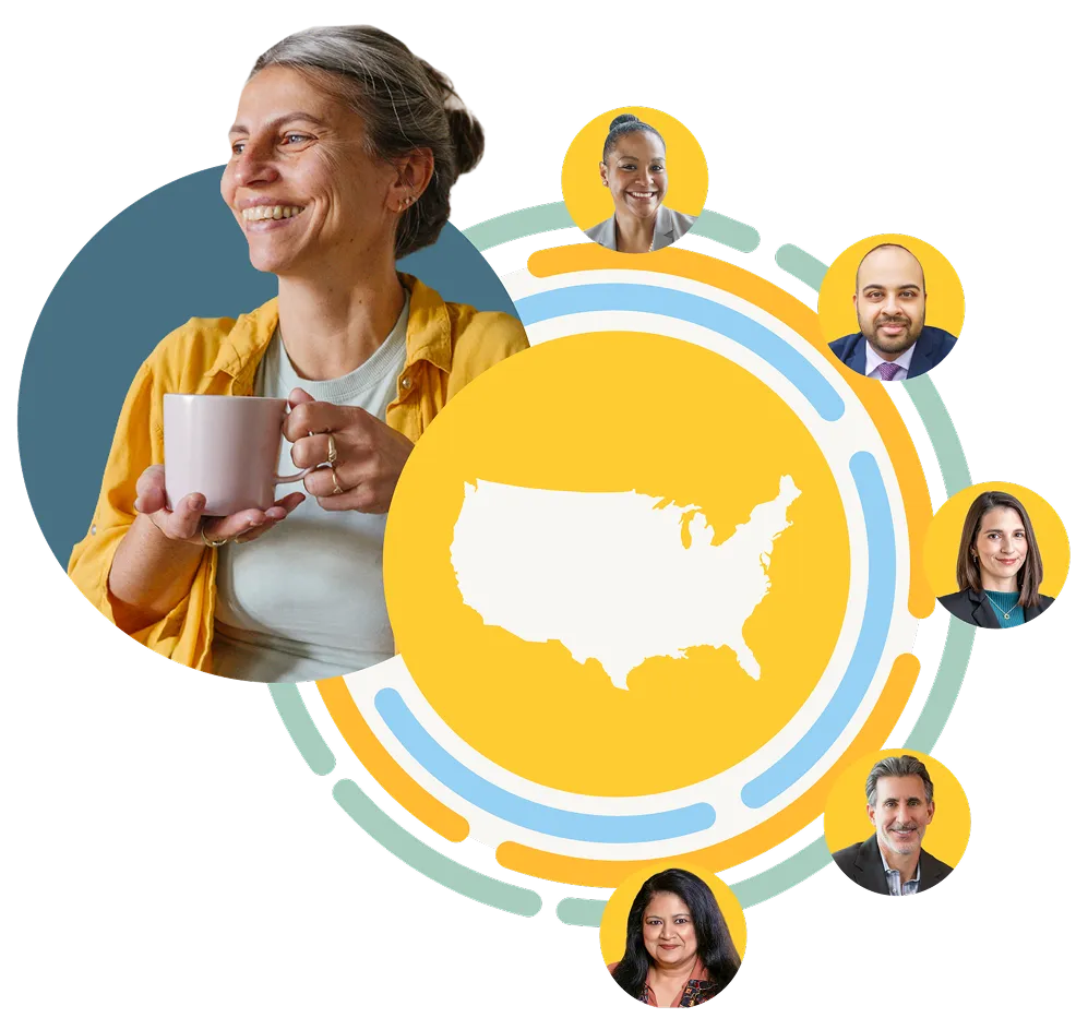 Illustration of diverse healthcare professionals across the U.S. surrounding a map of the United States