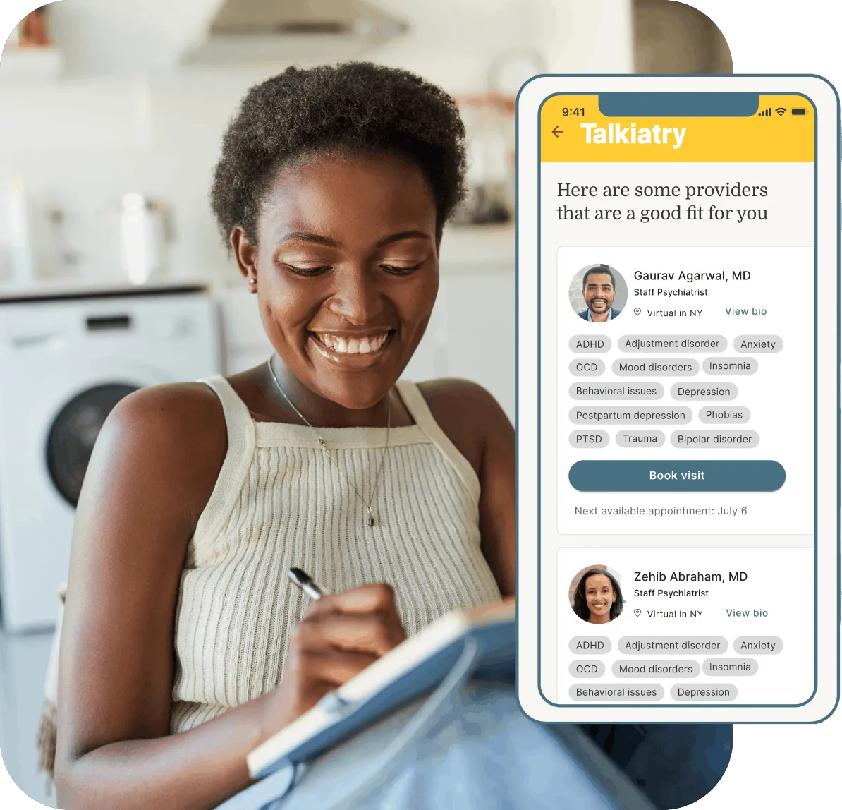 Woman smiling while writing in a notebook beside a mobile screen showing matched mental health providers