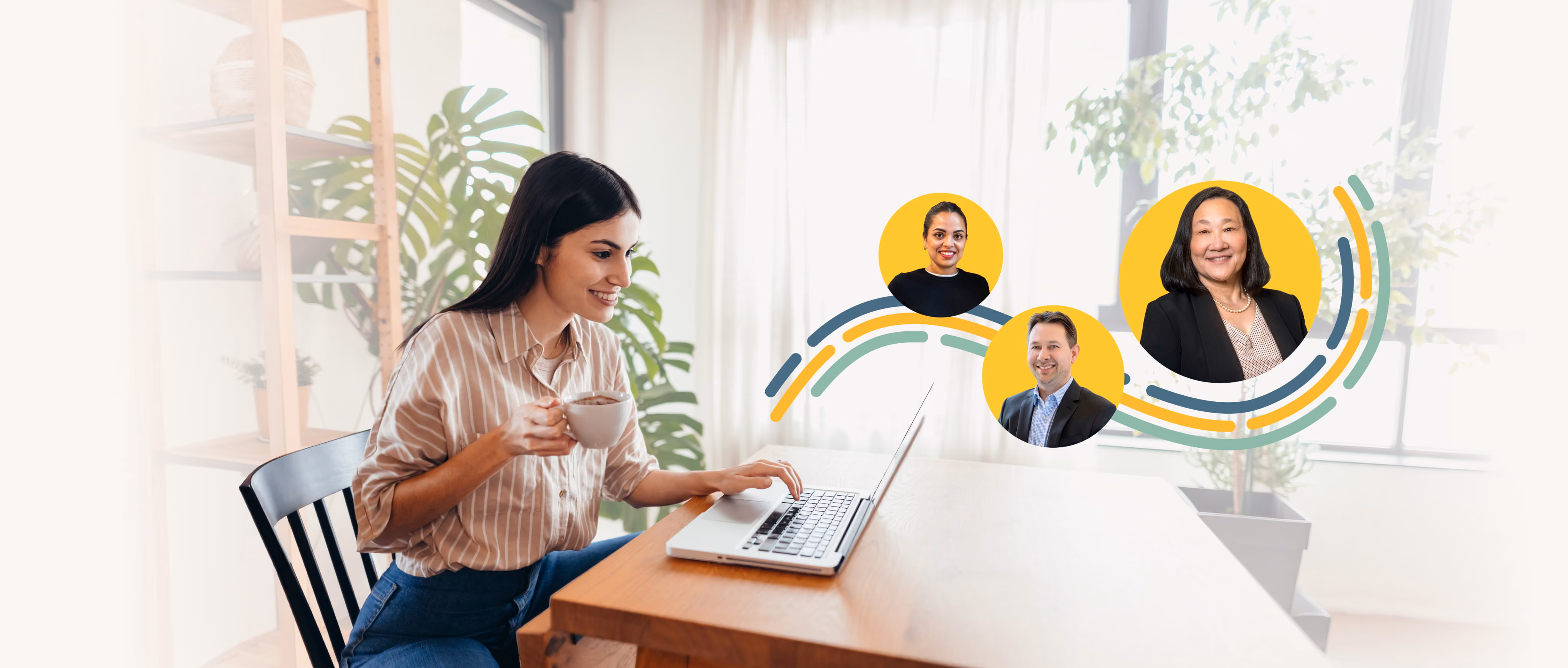 Woman drinking coffee while using laptop at wooden table with floating portraits of three professionals.