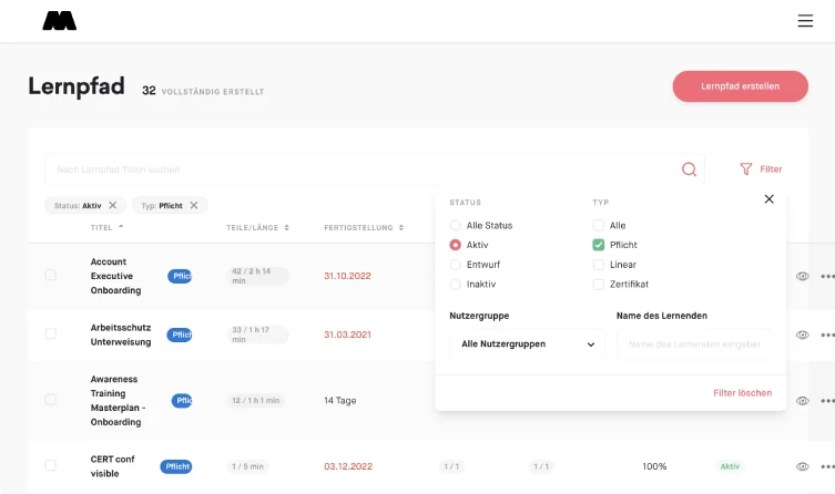 Screenshot: Übersicht Lernpfade