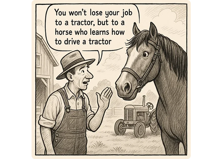 Comic, in dem ein Bauer seinem Pferd erklärt, dass es von einem Traktor fahrenden Pferd ersetzt wird