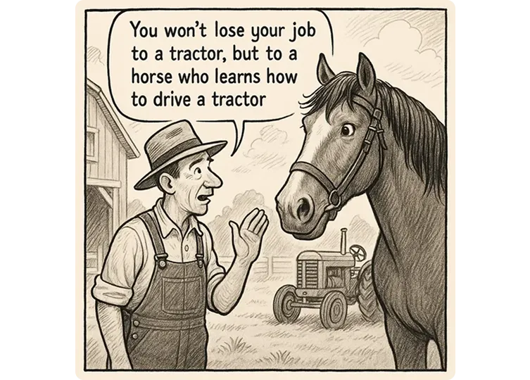 Comic, in dem ein Bauer seinem Pferd erklärt, dass es von einem Traktor fahrenden Pferd ersetzt wird