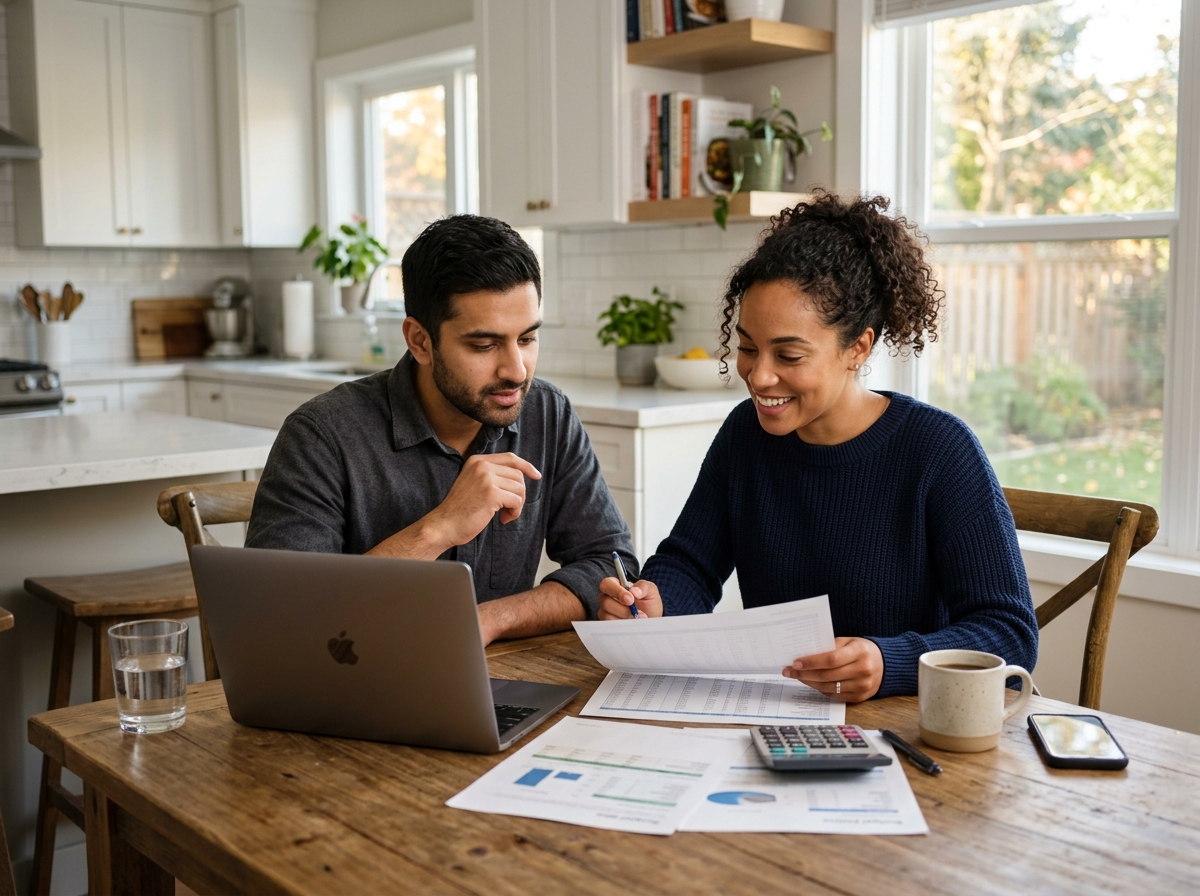 Young professional couple reviewing home affordability documents and mortgage calculations at a kitchen table in a Washington DC metro area home
