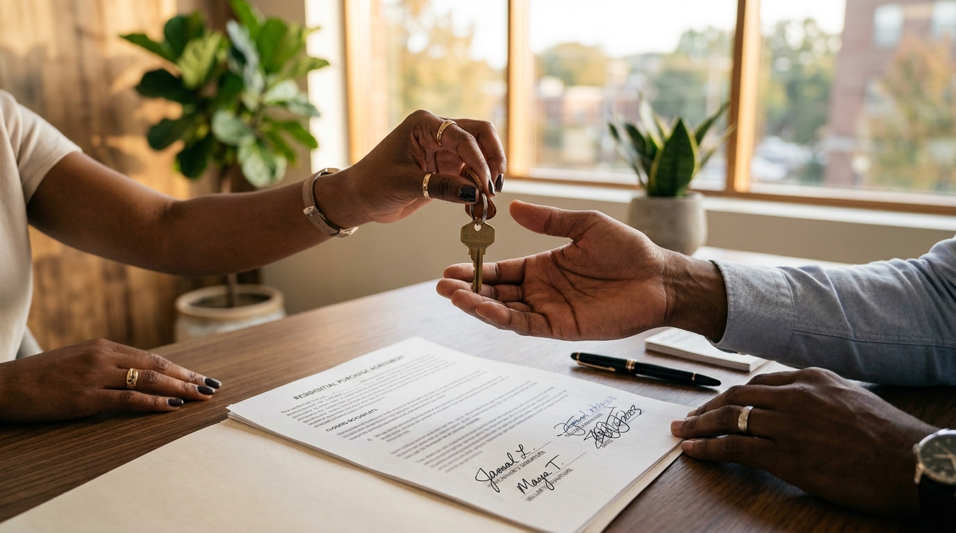 House keys exchanged at a real estate closing table representing the home buying process in Washington DC Maryland and Northern Virginia
