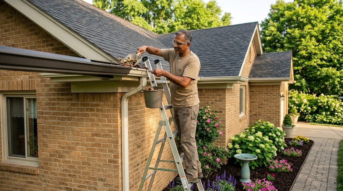 Homeowner performing June summer maintenance on a suburban brick home in the Washington DC Maryland Northern Virginia area