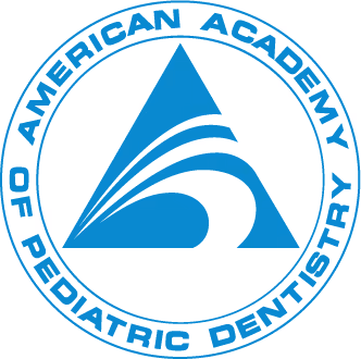 Logo of the American Academy of Pediatric Dentistry featuring a blue triangle with stylized waves inside, encircled by the organization's name.