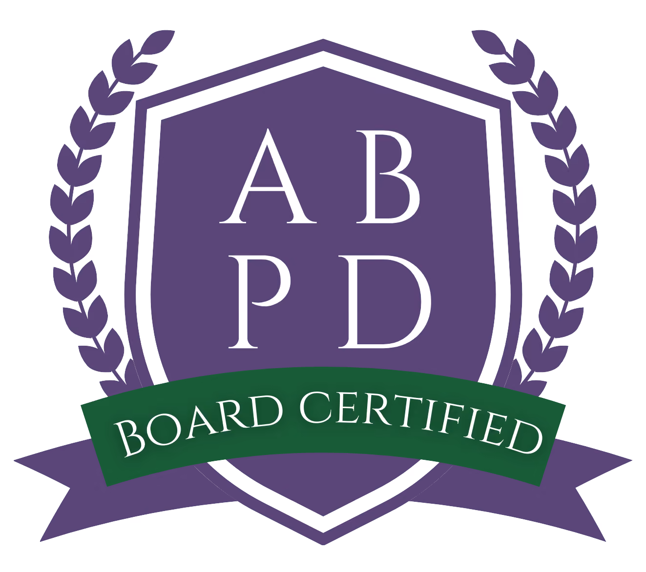 Purple shield emblem with the letters ABPD and a green banner across it reading 'BOARD CERTIFIED', flanked by purple laurel branches.