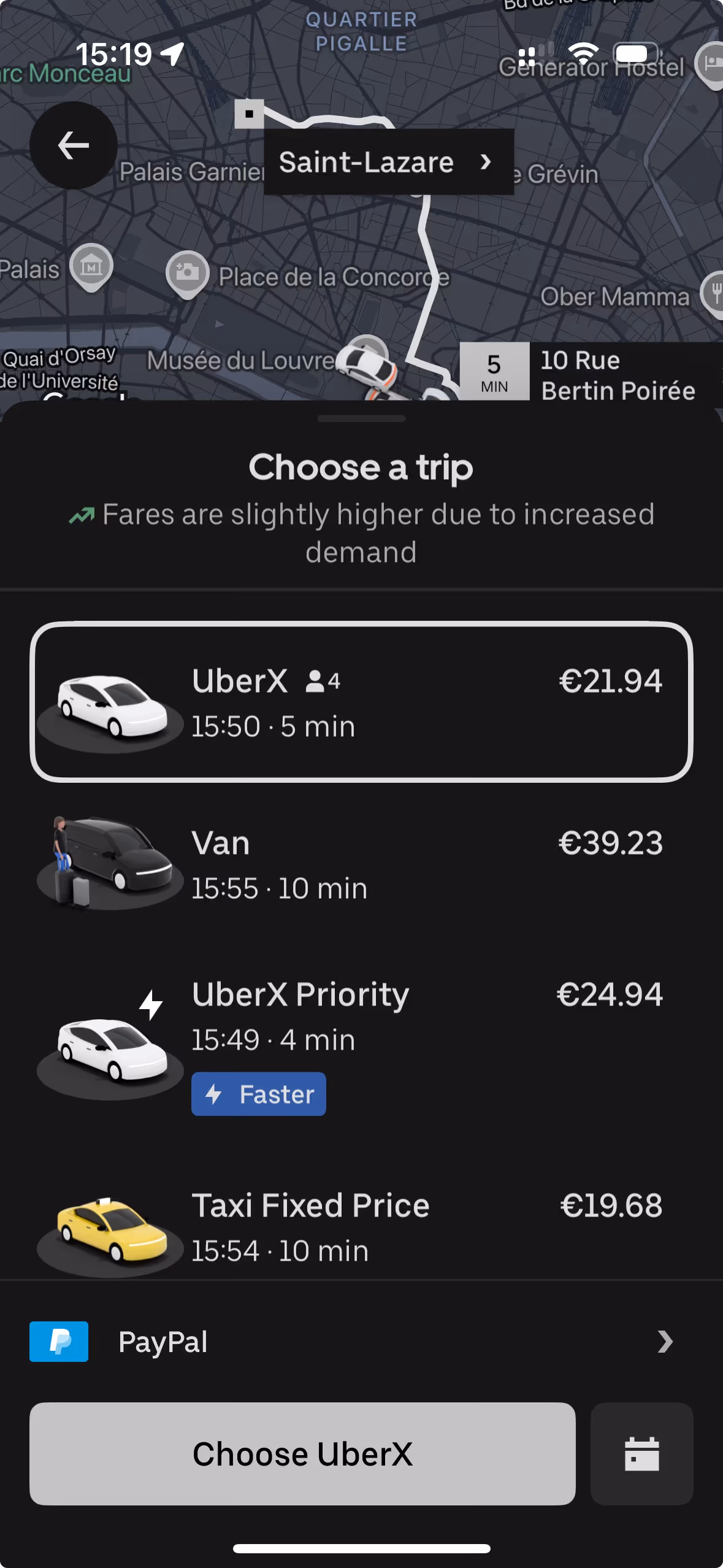 A screenshot from the Uber app