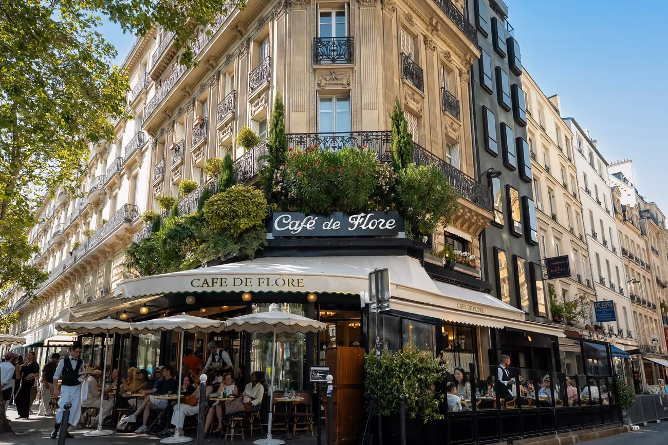The historic Café de Flore in Saint-Germain-des-Prés, a legendary Parisian café landmark visited on our Paris walking tours