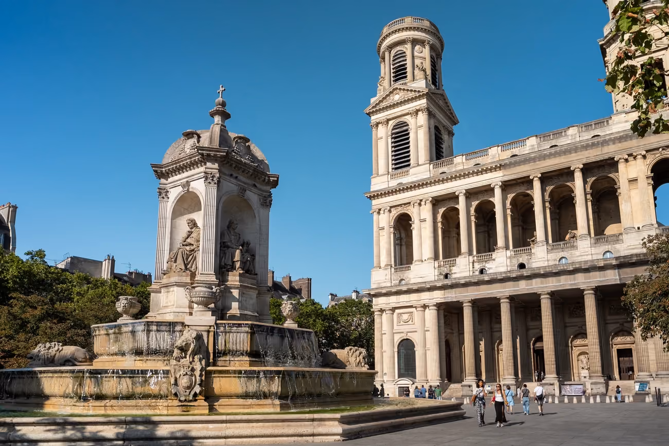 Église Saint-Sulpice and its 19th-century fountain on Place Saint-Sulpice, a highlight of our Left Bank Paris tour