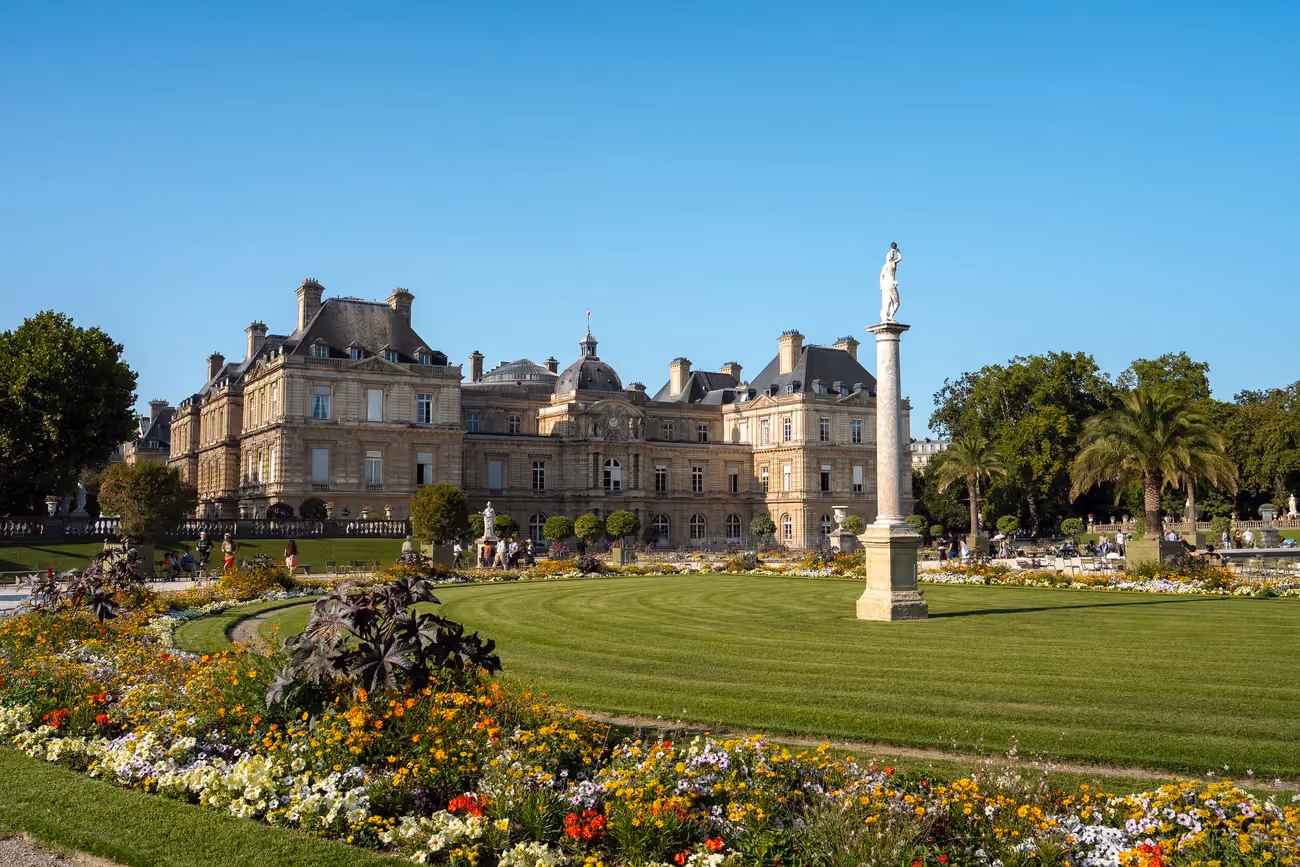 The Luxembourg Palace and gardens (Jardin du Luxembourg) with summer flowerbeds in Paris's 6th arrondissement