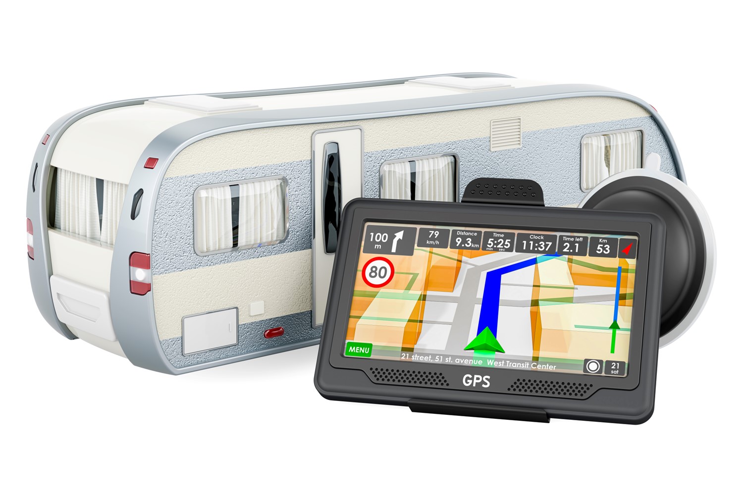 GPS in front of a touring caravan