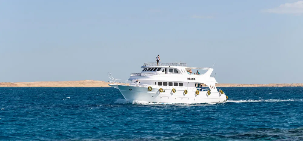 Large cruising yacht with passengers aboard
