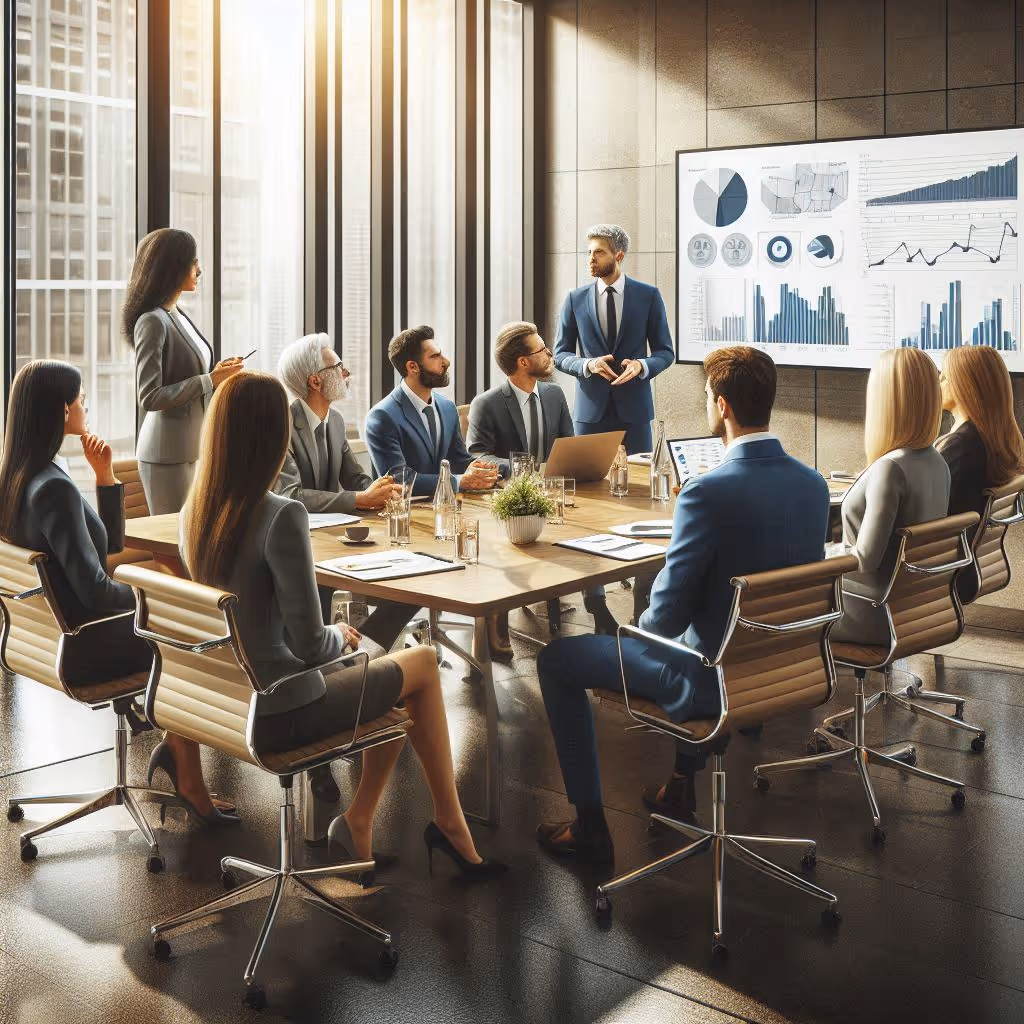 Illustration of business people sitting around a conference room table with a chart displaying FinOps in the Cloud.