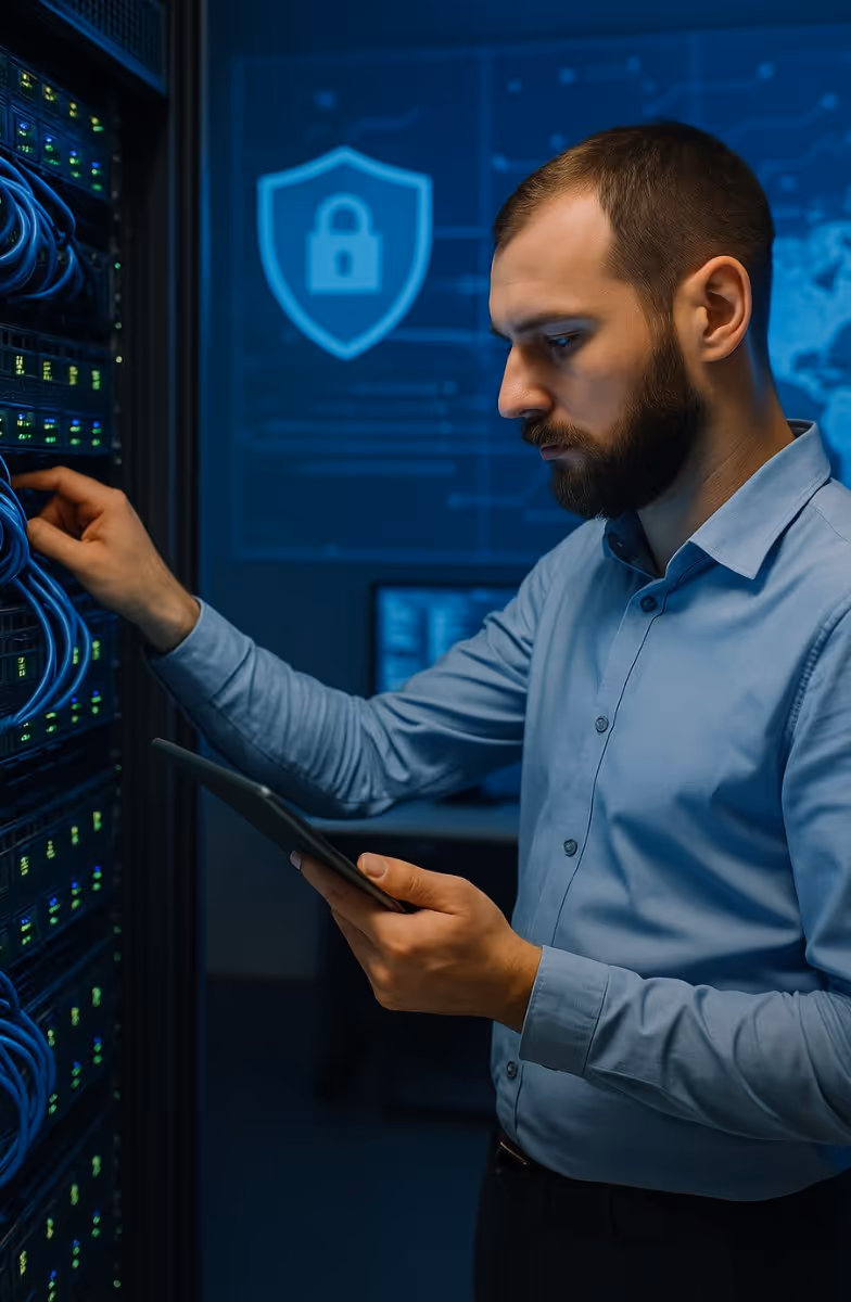 A network engineer uses a tablet while inspecting server connections in a blue-lit data center, symbolizing automation, scalability, and integrated cybersecurity with firewalls and access controls.