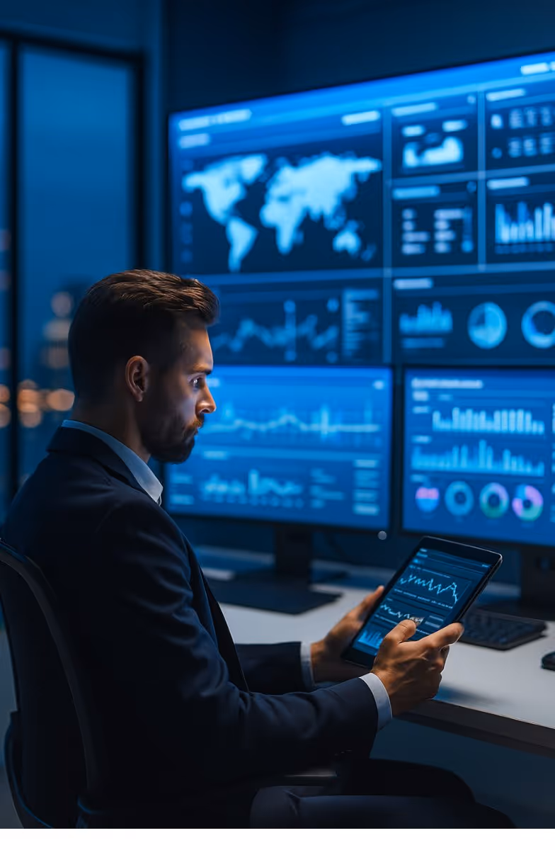 IT analyst in a blue-lit control room reviews multi-screen dashboards with maps, charts, and KPIs, illustrating AI-powered visibility and anomaly detection across the campus network.