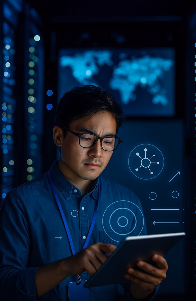 Business woman in datacenter checking domain specific managed services