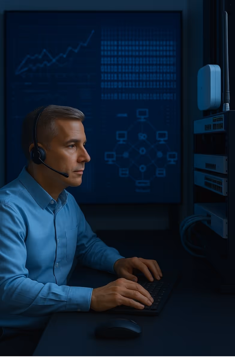 IT engineer working at a desk with network switches and a large digital screen showing network analytics in a blue-lit control environment.