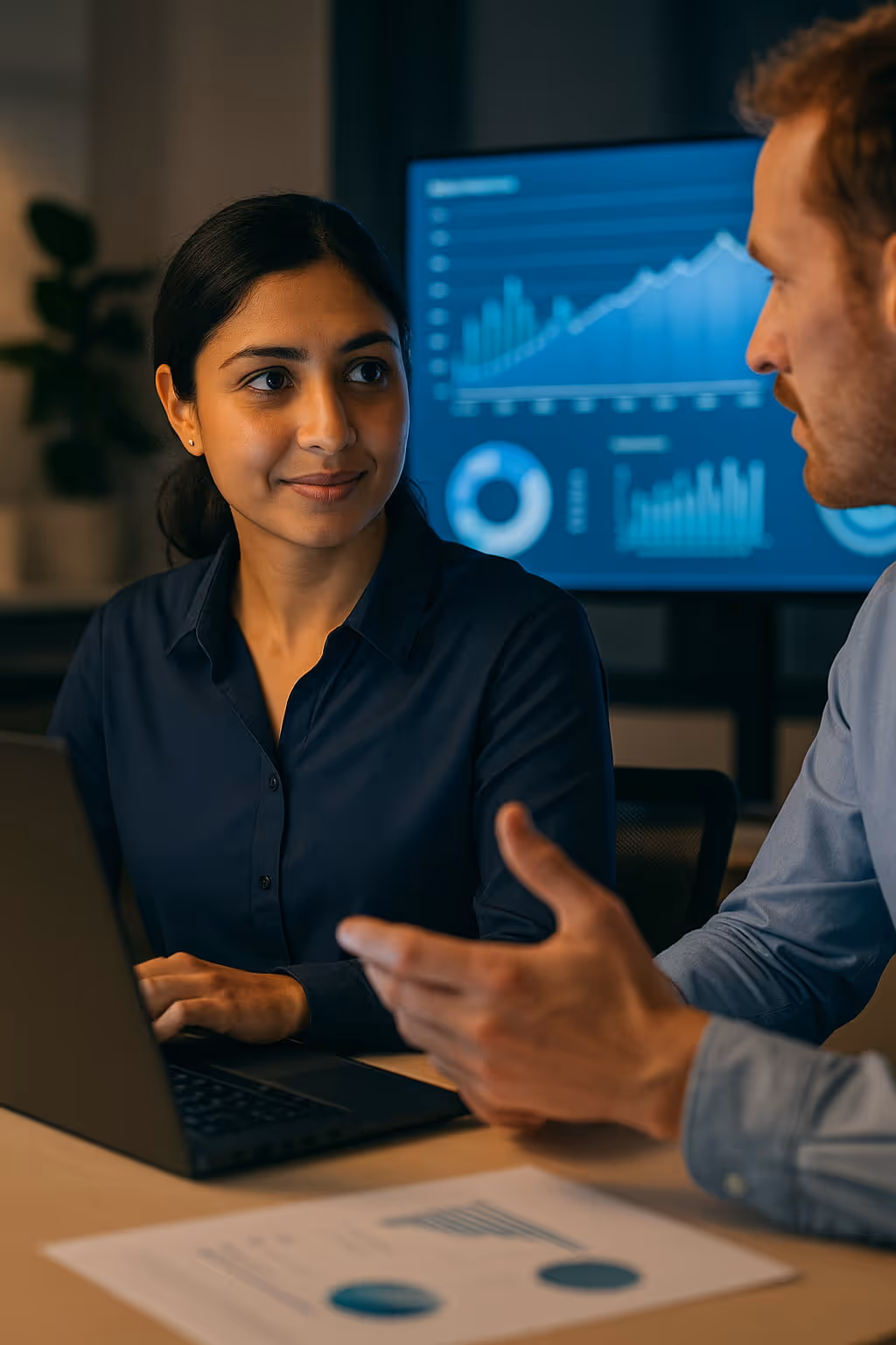 A professional woman meeting with a colleague in a modern office, illuminated by a data-driven dashboard on a screen behind them, symbolizing customer success and technology partnership.