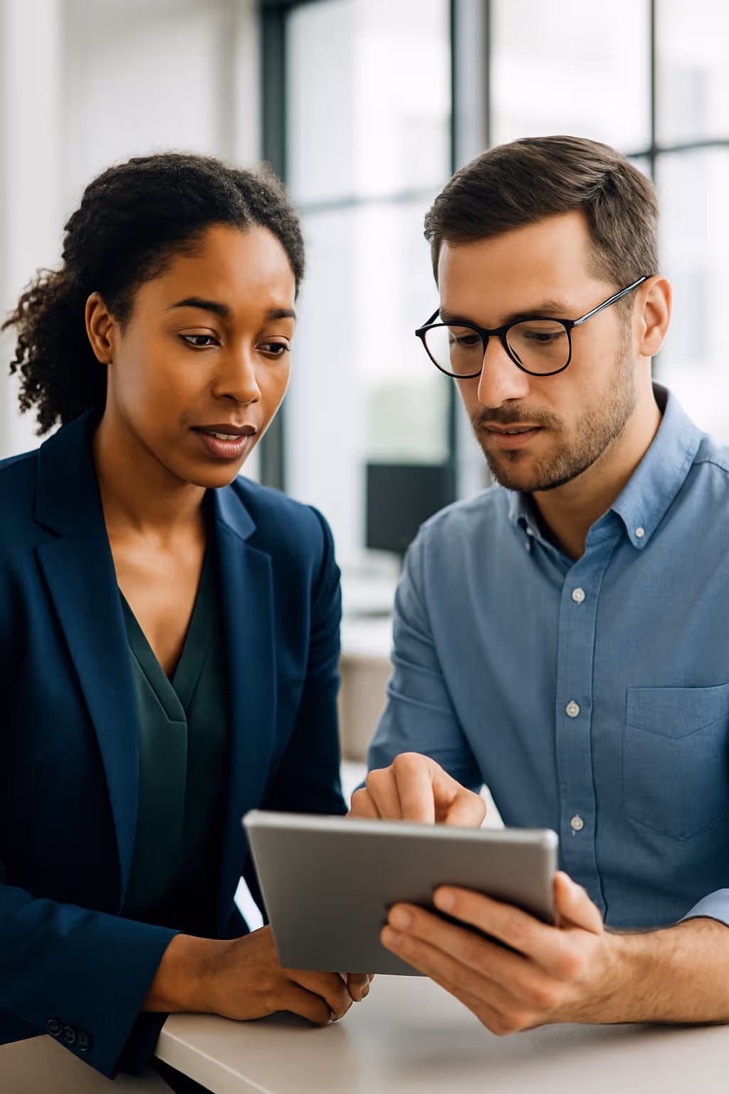 A woman and a man collaborating in a bright, modern office while reviewing information on a digital tablet, representing customer success planning and strategic guidance.