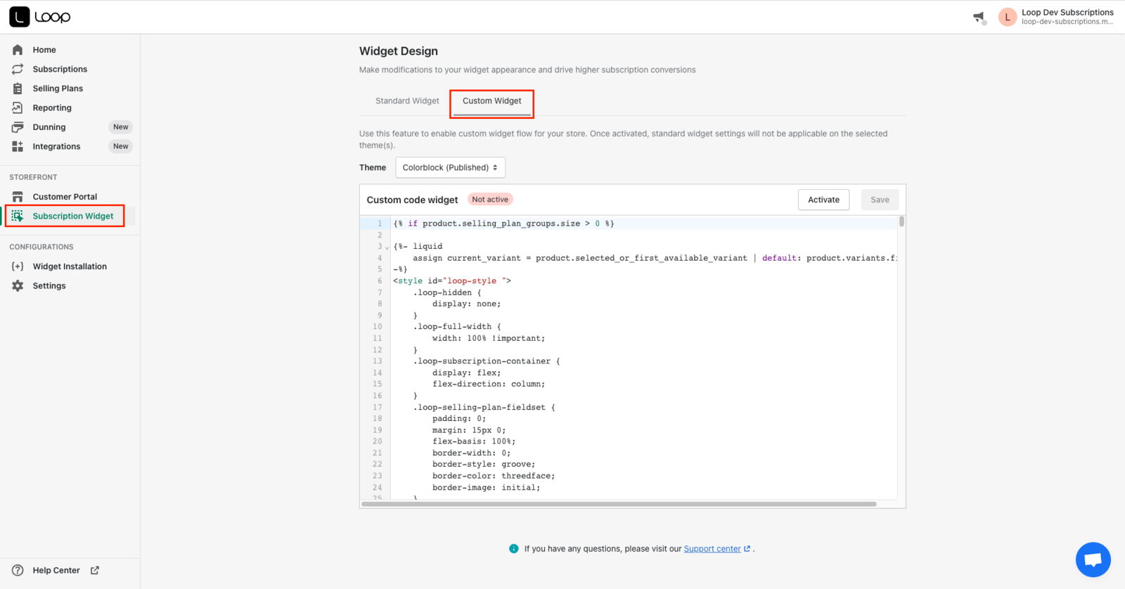 Custom shopify subscription Widget location in loop