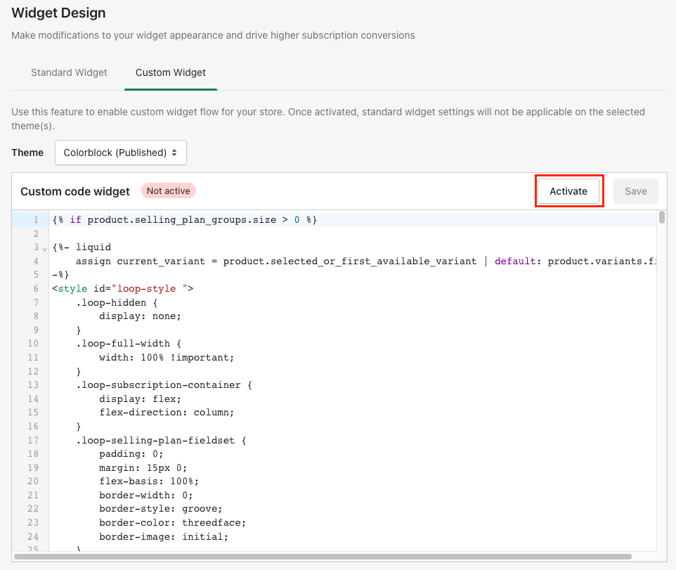 Activate shopify subscription Widget