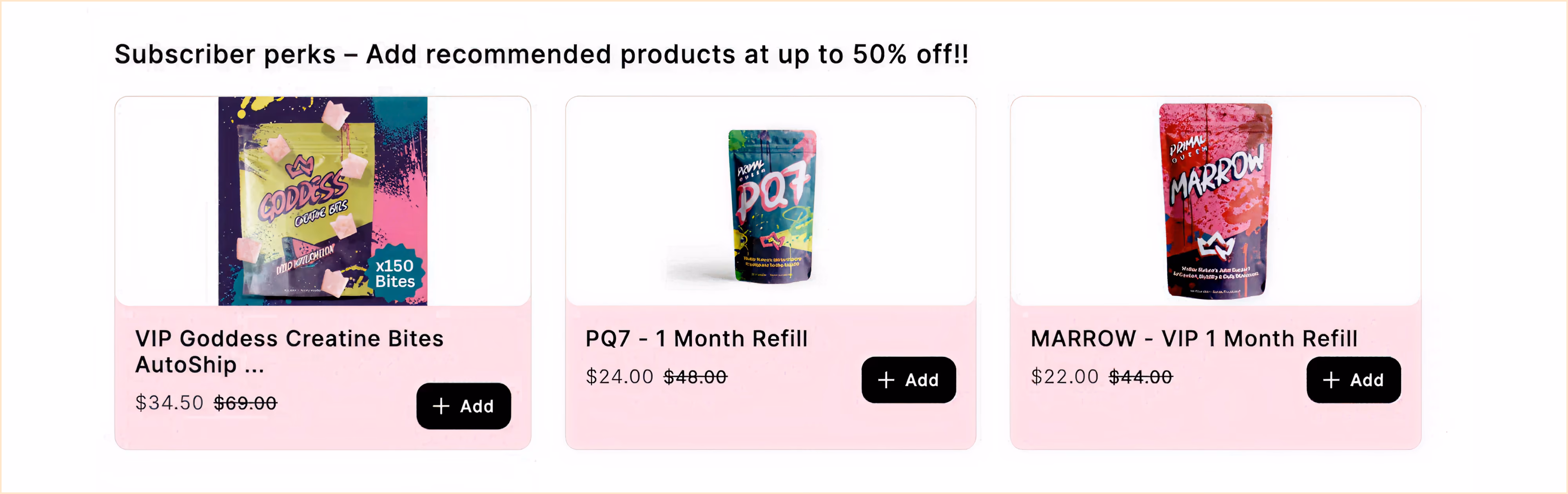 Primal Queen new product upsell offers in the Loop customer portal