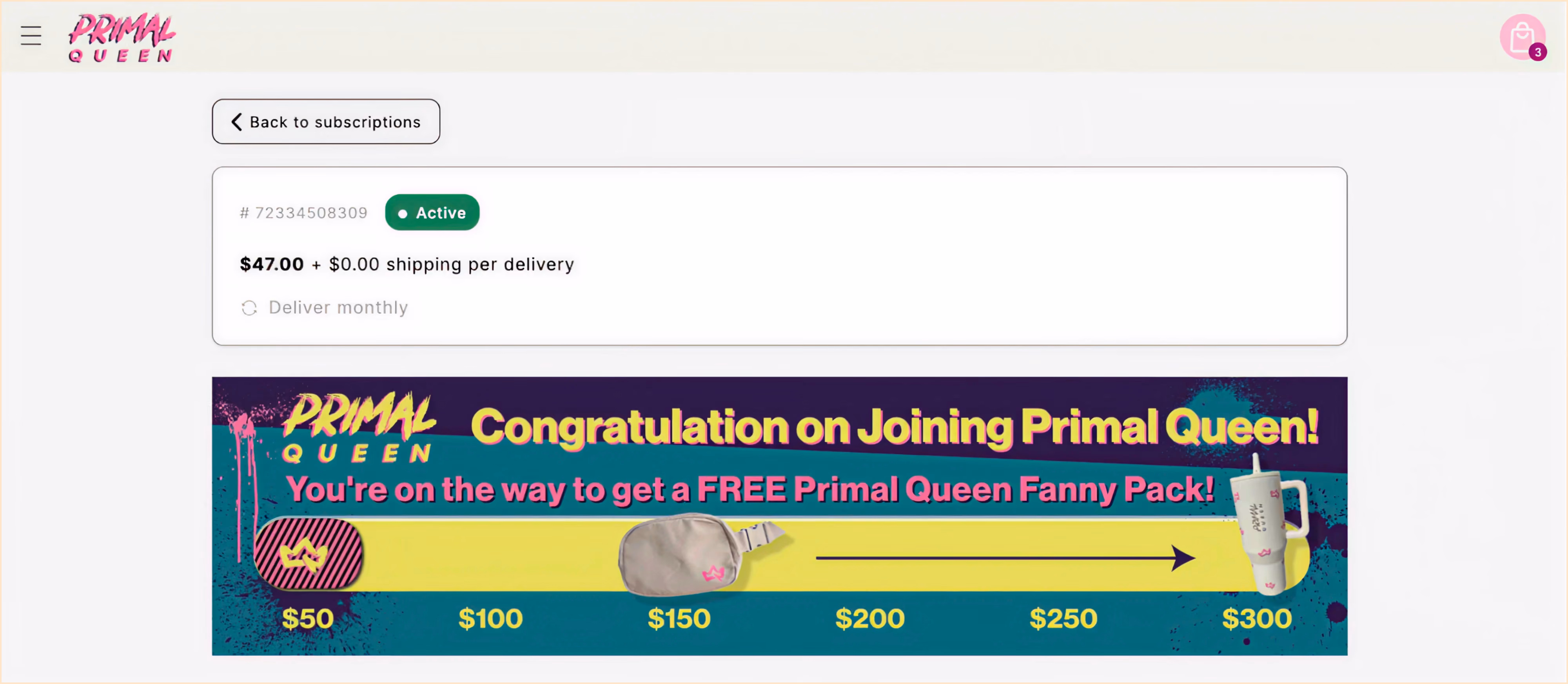 Primal Queen spend-based reward progress bar in the Loop customer portal