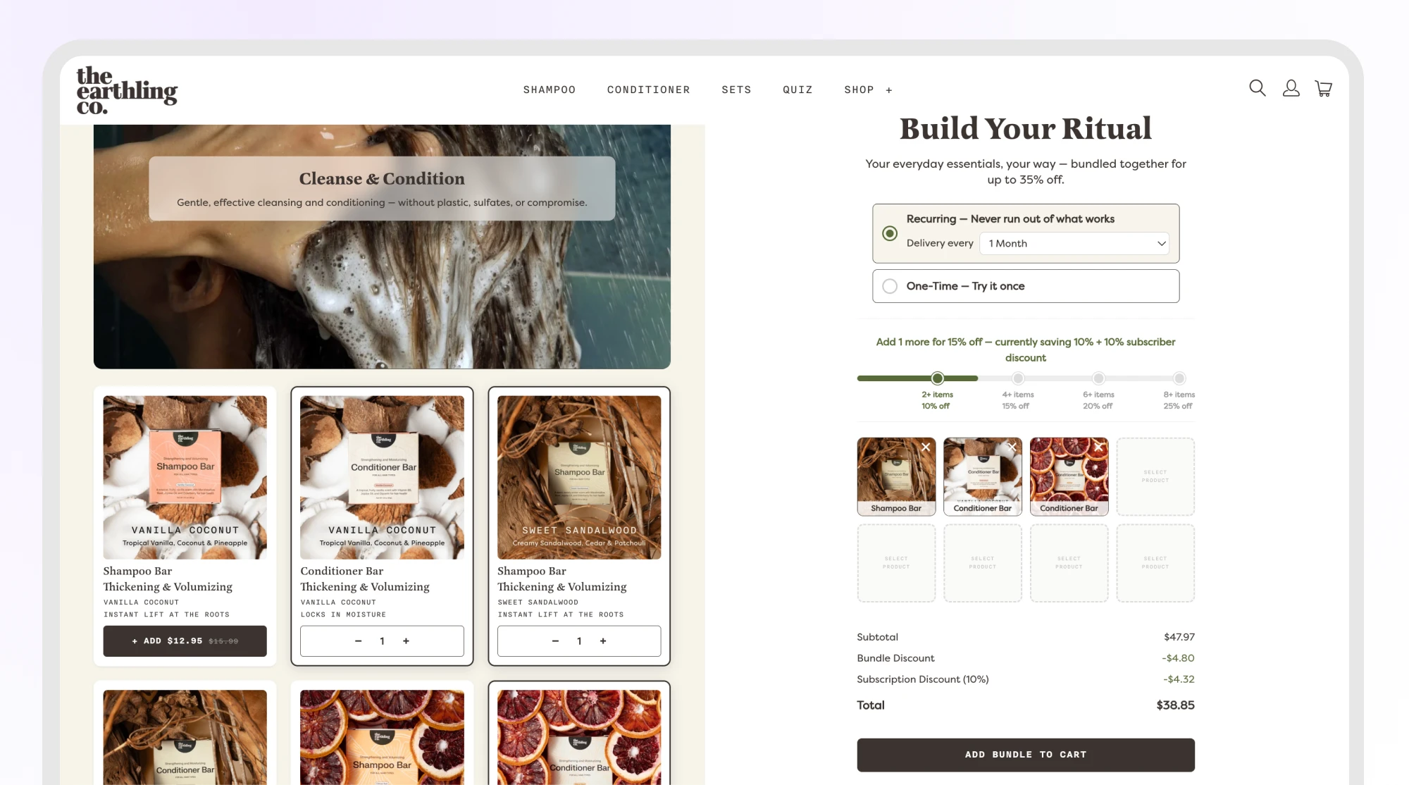 The Earthling Co.’s live build-your-own flow: the tier slider, the “add 1 more for a higher discount” nudge, and running savings in the cart bar.