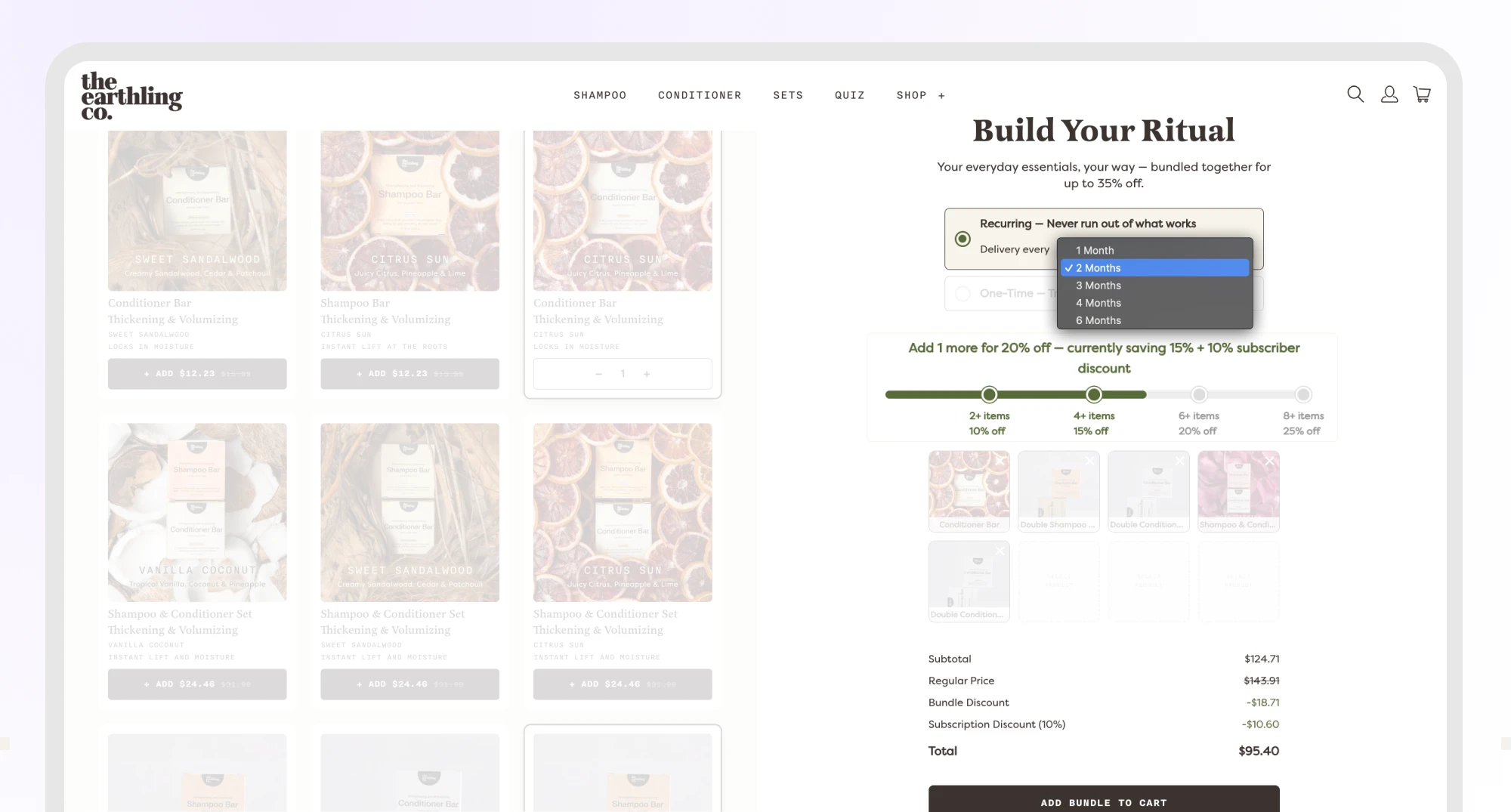 The live experience: pick a pack size, pick products, pick a frequency — savings shown as you go, nothing for CX to explain.