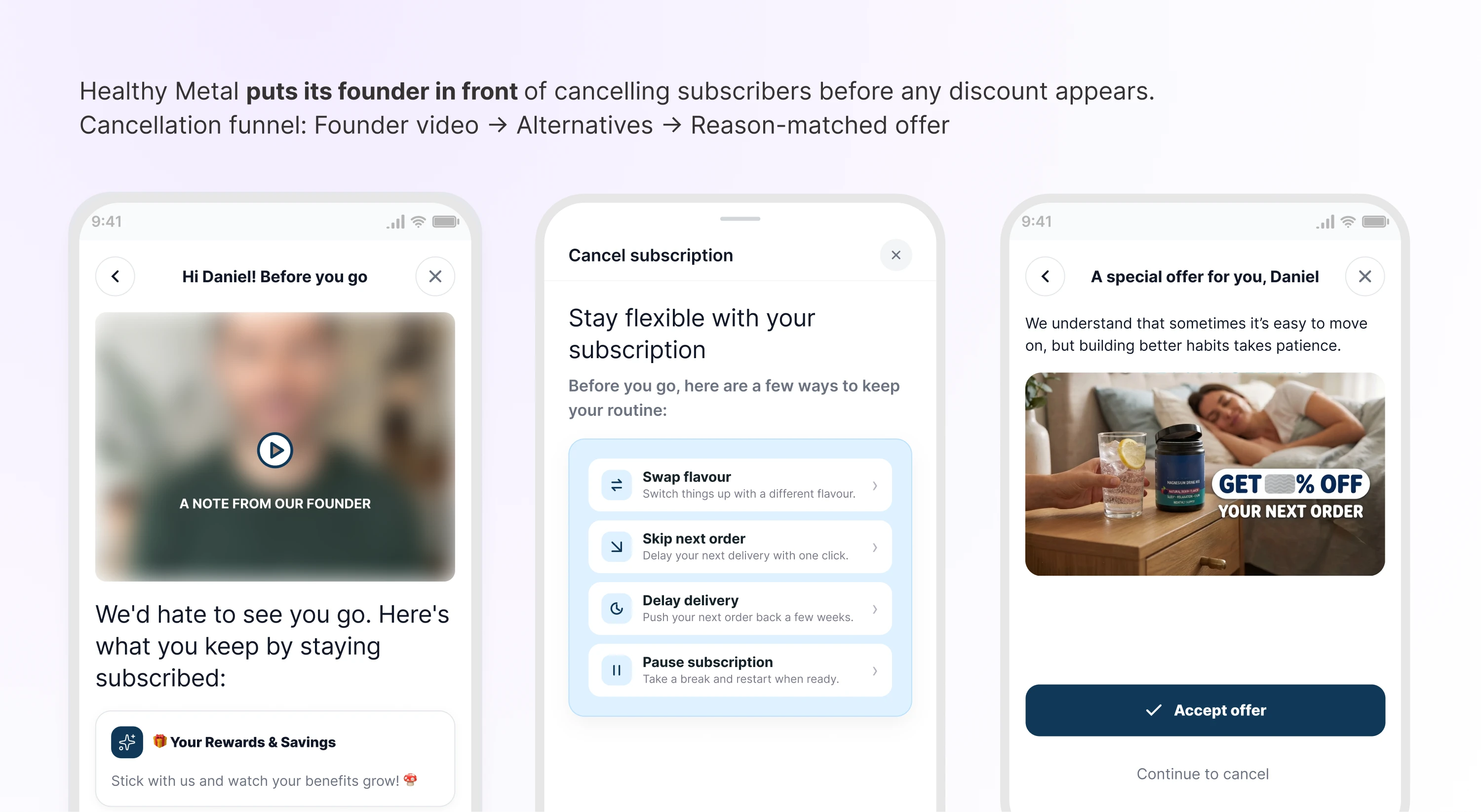 Healthy Metal puts its founder in front of cancelling subscribers before any discount appears.