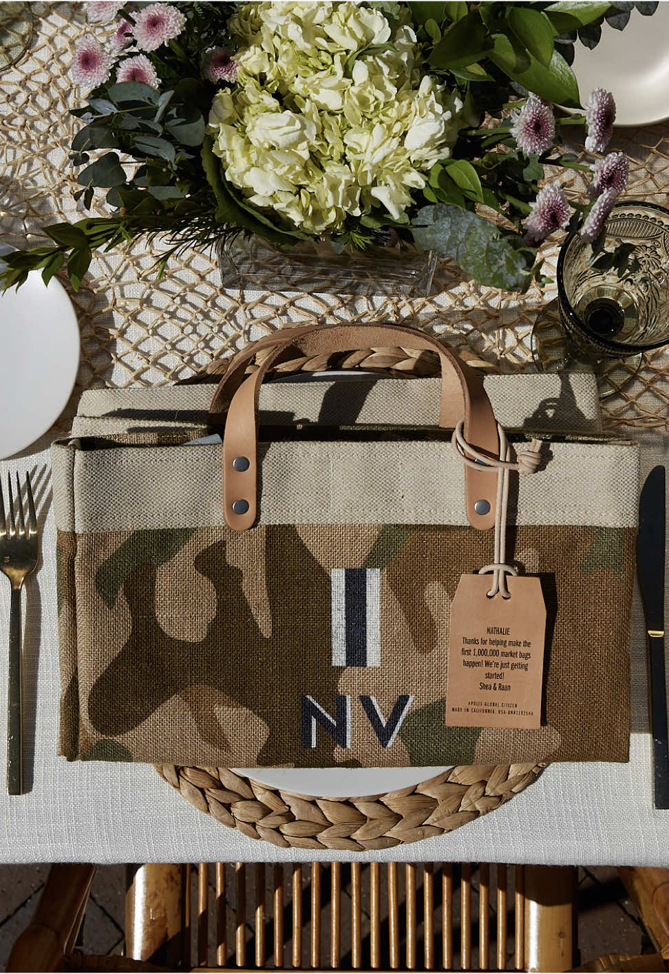 A customized market bag sitting on top of a table
