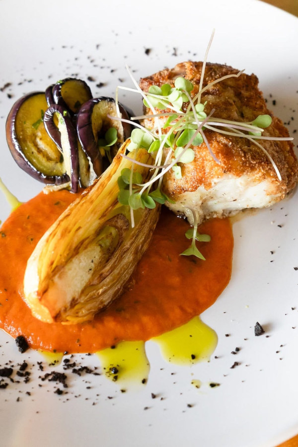Crumbed monkfish, capsicum puree, eggplant, fennel and olive dust by Chef Stefano Raimondi from Autentico
