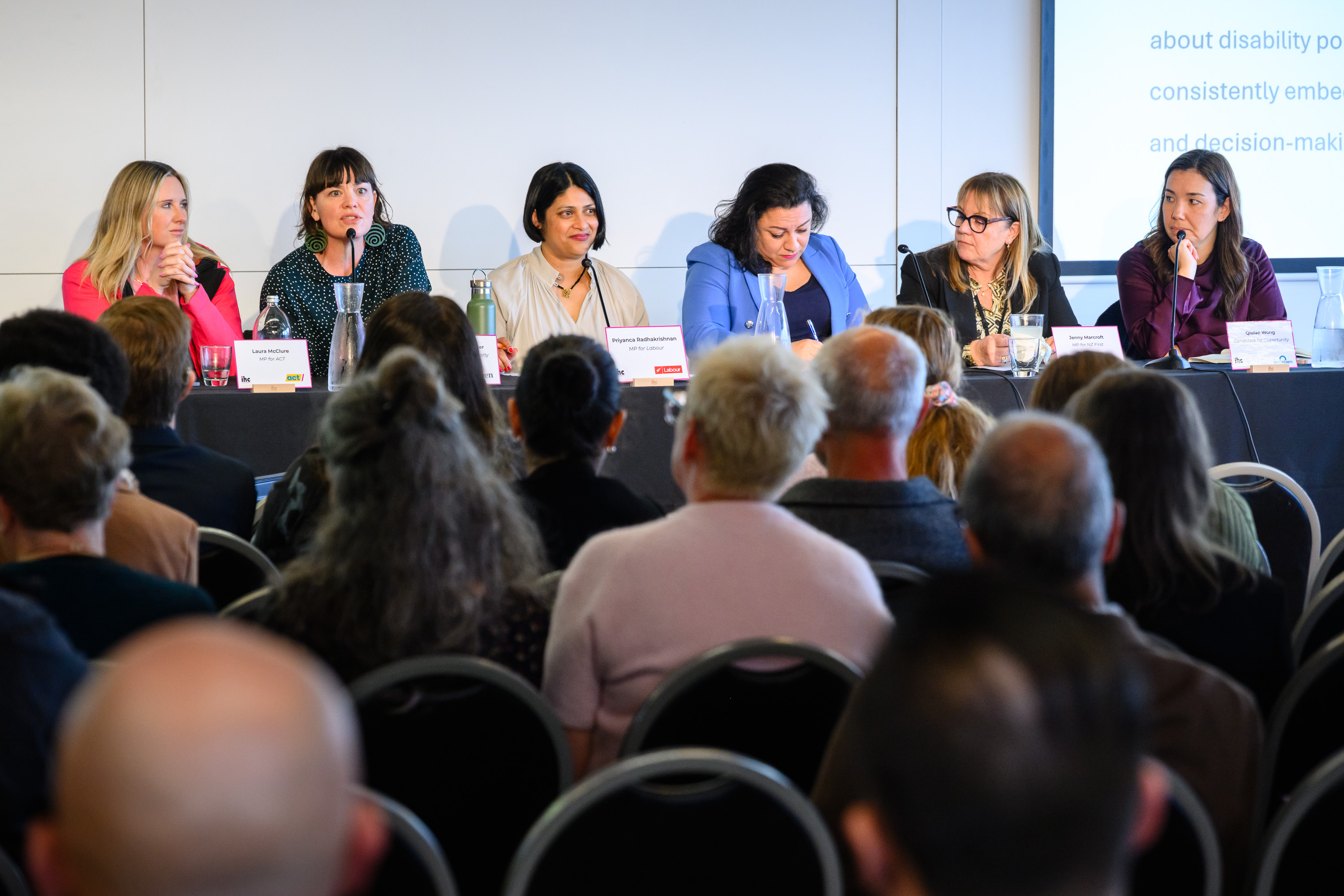 L-R: Laura McClure (ACT), Julie Anne Genter (Green Party), Priyanca Radhakrishnan (Labour), Rima Nakhle (National), Jenny Marcroft (New Zealand First), Qiulae Wong (Opportunity)
