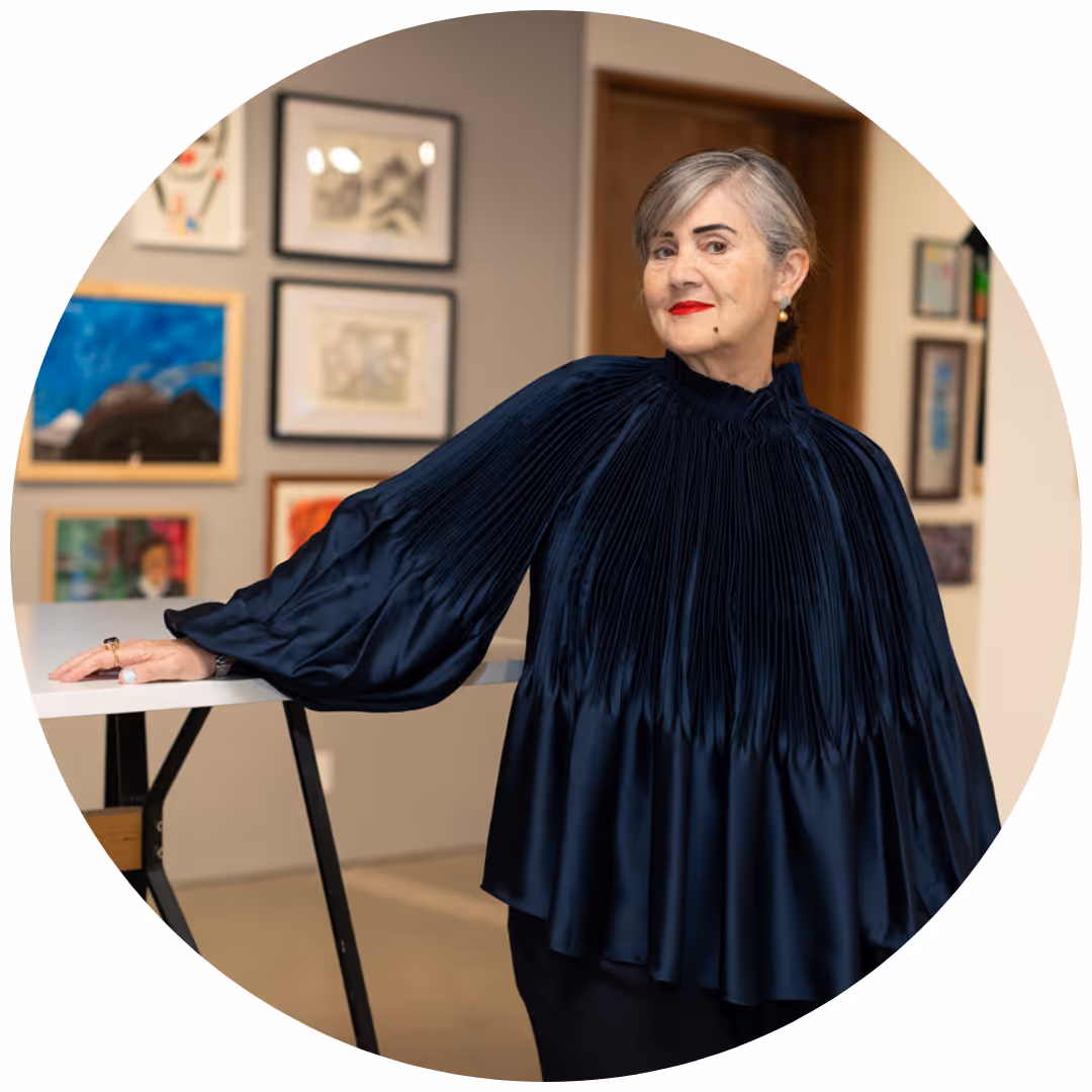 Dame Denise with artwork.