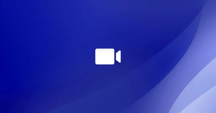 White video camera icon centered on a blue abstract gradient background.