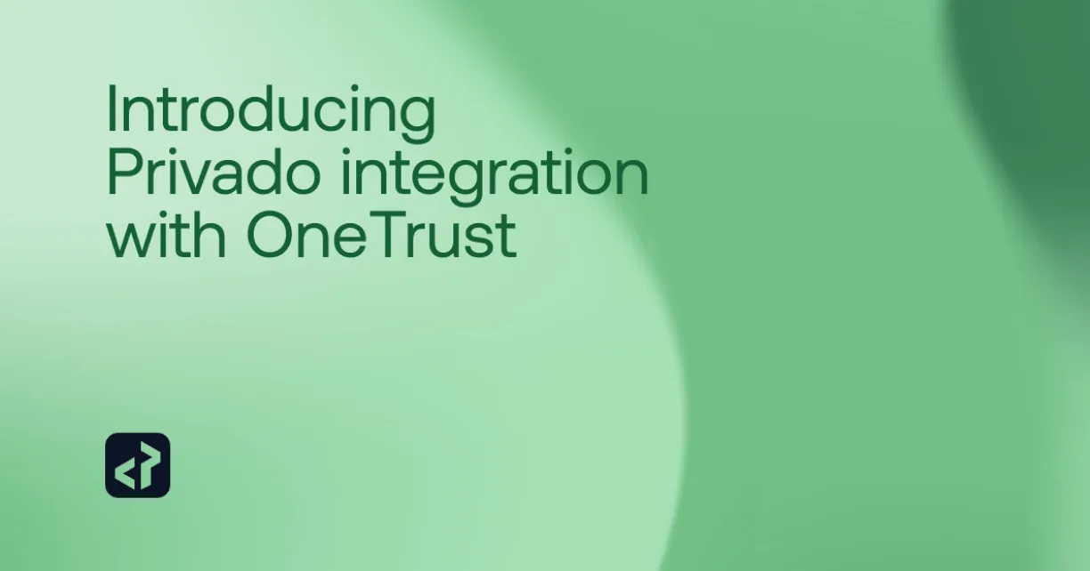 Text saying 'Introducing Privado integration with OneTrust' on a green blurred background with a small code icon in the lower left corner.
