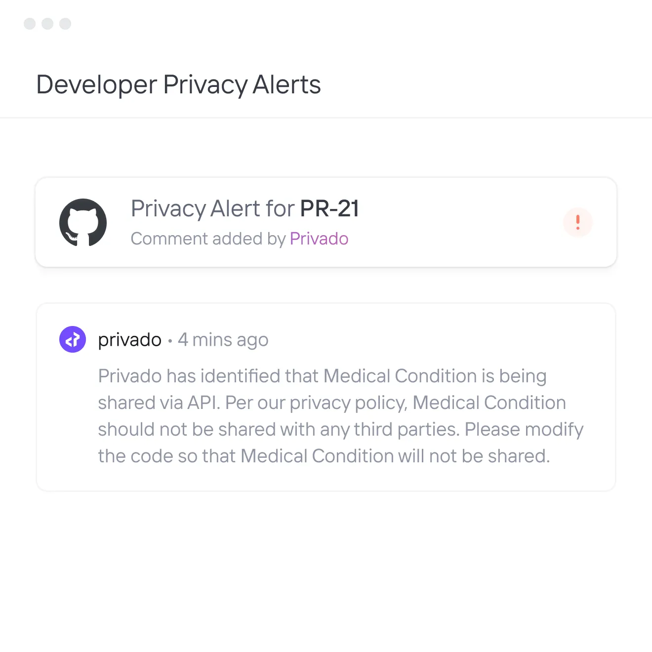 Developer Privacy Alerts window showing a privacy alert for PR-21 with a comment by Privado identifying unauthorized sharing of Medical Condition data via API and requesting code modification.