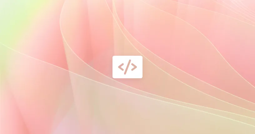 White code symbol with angled brackets on a soft pink and beige abstract background.