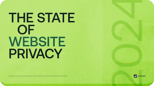 Green background with text 'THE STATE OF WEBSITE PRIVACY' and a faint large '2024' on the right side, plus a small Privado logo in the bottom right corner.
